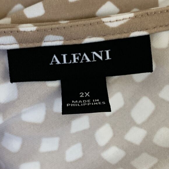 Alfani Womens 2X Tunic Top Tan White Printed 3/4 Sleeve Asymmetric Hem Stretchy - Picture 6 of 12